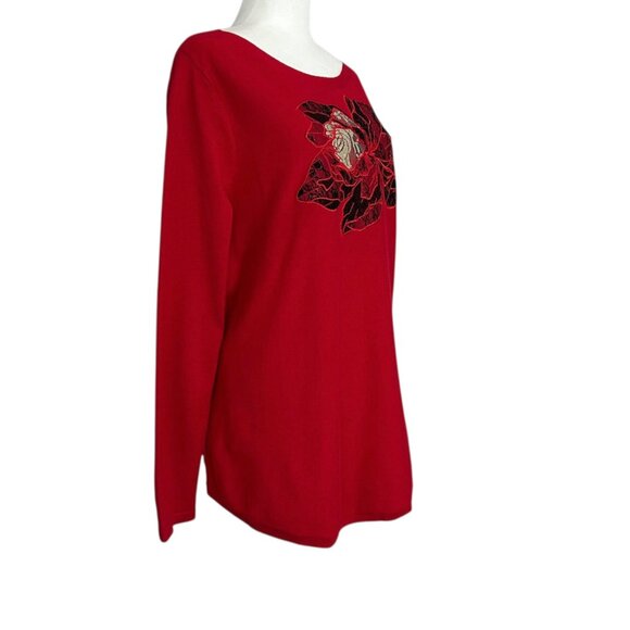 Chico's Red Placed Floral Bateau Long Sleeve Embellished Knit Sweater NWT (L) - Picture 2 of 13